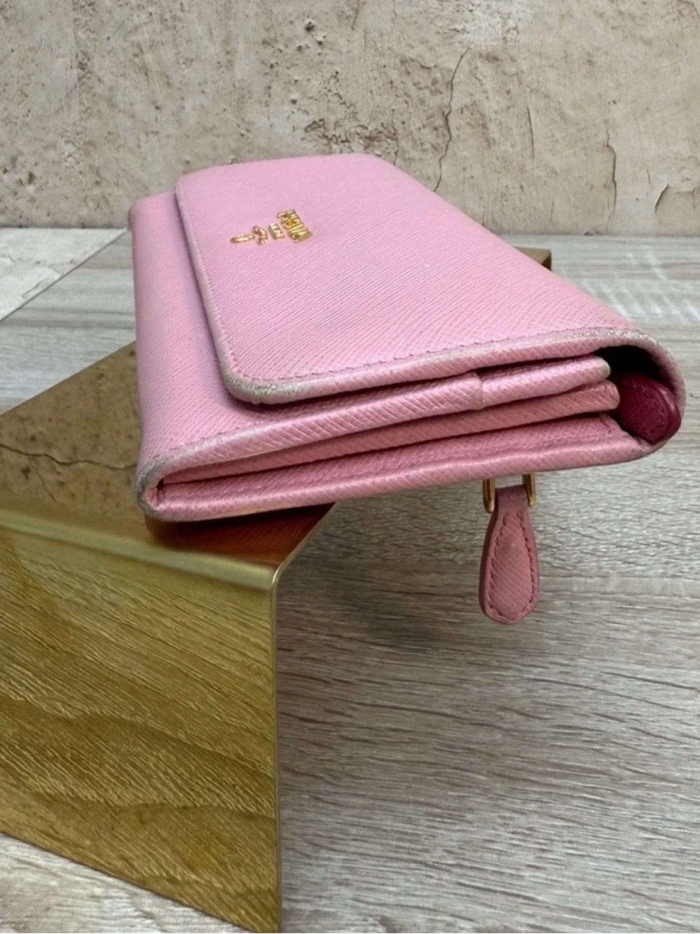 Prada Pink Saffiano Continental Wallet with Gold Logo